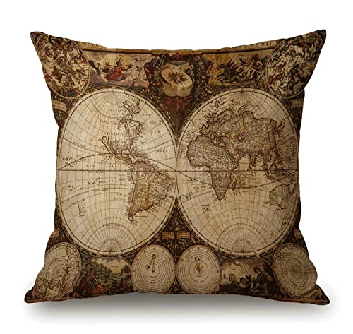 Solekla World Map Square Throw Pillow Cover Old World Map Drawn in 1720s Nostalgic Style Art Historical Atlas Vintage Design Decorative Pillow Case Home Decor 18x18 Inches Pillowcase - color: Sl200