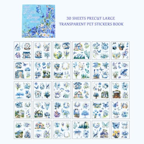 30 Sheets Precut Blue Flower Garden Landscape Stickers Book for Junk Journal Supplies, Transparent PET Stickers for Journaling, Scrapbooking, Bujo, Collage, Card Making - color: The Blue Breezy
