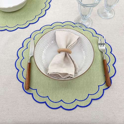 Linen Cotton Placemats Set of 4 Scalloped Flower Embroidery Place Mats 15'' Natural Linen Texture Fabric Machine Washable Table Mats for Restaurant Kitchen,Table Decor(Matcha Green) - color: Matcha Green