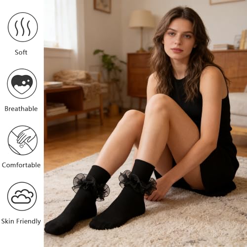 Big Ruffle Socks Women(Size 5-11) Turn Cuff Cotton Lace Frilly Socks - color: 4 Pairs - Rose Red,black,white,navy Blue, size: 5-9