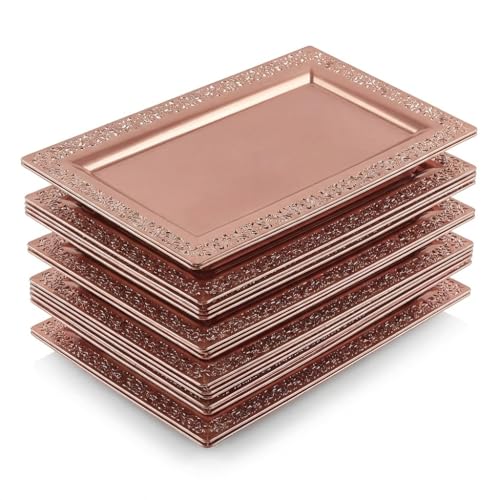 6 (pk) Yumchikel 14" x 7.5" Rose Gold Lace Rim Plastic Serving Trays & Platters | Heavy Duty Disposable Decorative Dessert Tray - Party Platters for Upscale Parties Weddings Brand: Yumchikel - color: Rose Gold Lace, size: 6 Pack