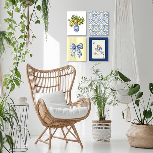 LUKIPOM Lemon Chinoiserie Wall Art Posters Set of 4, Grandmillennial Home Decor, Floral Blue and White Porcelain Lemon Tree Canvas Prints Artwork for Kitchen Wall Decor, 8x10 Unframed - color: Color 011