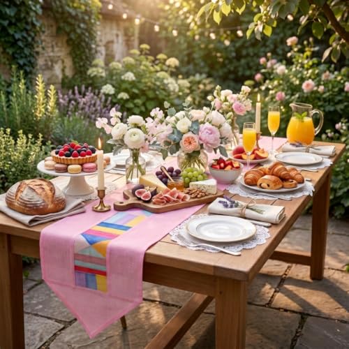 Korean Table Runner, Ramie Bojagi Patchwork, Pastel Pink, 79 in - color: Pastel Pink