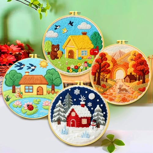 Zhenqing Four Seasons Embroidery Kit for Beginners, 4-Piece Spring Summer Fall Winter Landscape Needlework Set with Pre-Printed Fabric, Hoop & Threads (C0182) - color: Four Seasons