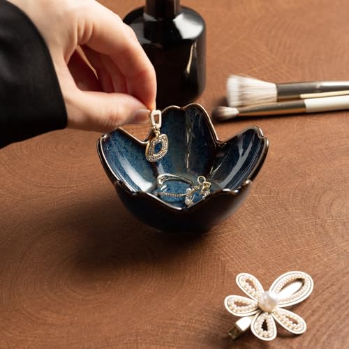 Floral Ceramic Jewelry Tray, 3.5" Ring Holder Trinket Bowl - color: blue