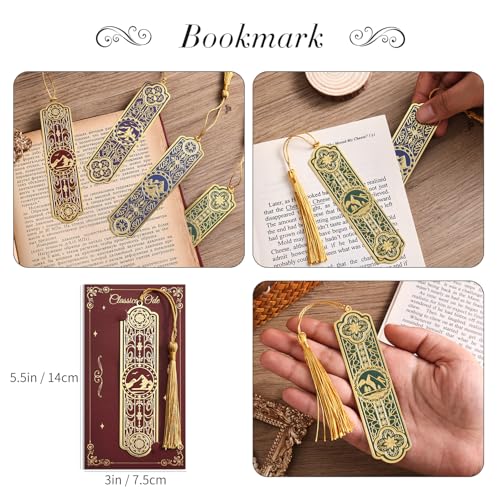 4 Pieces Metal Bookmarks with Tassel Big Size, Golden Vintage Aesthetics Scenery Mountain Theme Book Mark, Bookmark for Women Book Lovers Gift Writers Readers Teens Men - style: 4Pcs Mountain