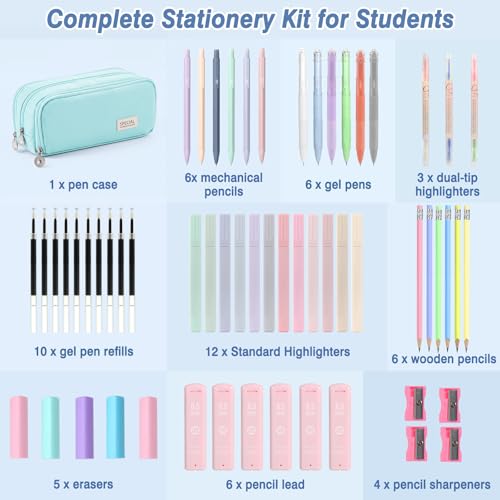 MoKo Pencil Case with Supplies, 59Pcs Aesthetic School Set, Blue - color: Blue-59P