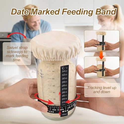 Sourdough Starter Jar Kit, 34oz Wide Mouth Sourdough Starter Jar - Date Marked Feeding Band, Thermometer, Spatula, Cloth Cover & Lid, Bread Baking Supplies for Beginners