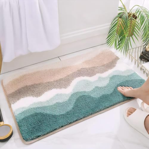 Microfiber Bathroom Rugs, Absorbent Soft Shaggy Carpet Floor Mats for Shower Tub Sink Toilet, Non-Slip Plush Carpet Floor Mats for Living Room Bedroom Kitchen ，Green，36 X 24 Inches - color: Green, size: 2' x 3' (36″x24″)