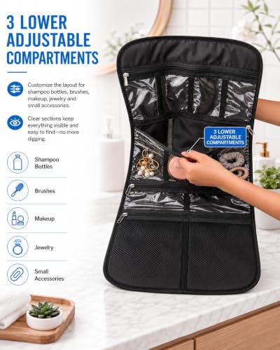 Freegrace Premium Hanging Toiletry Bag for Travel, Cosmetic Bag Organizer - color: Black