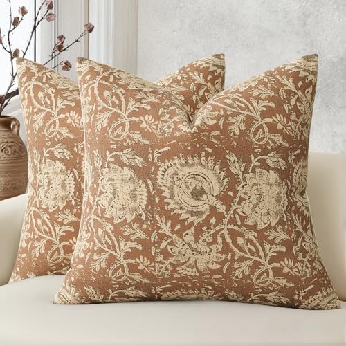 Vintage Floral Print Throw Pillow Covers 18x18 Set of 2 Neutral Modern Farmhouse Pillowcases Accent Decorative Cushion Covers Boho Home Decor for Couch Sofa Chair Bed Living Room, Cognac - color: Cognac, size: 18" x 18" (Pack of 2)