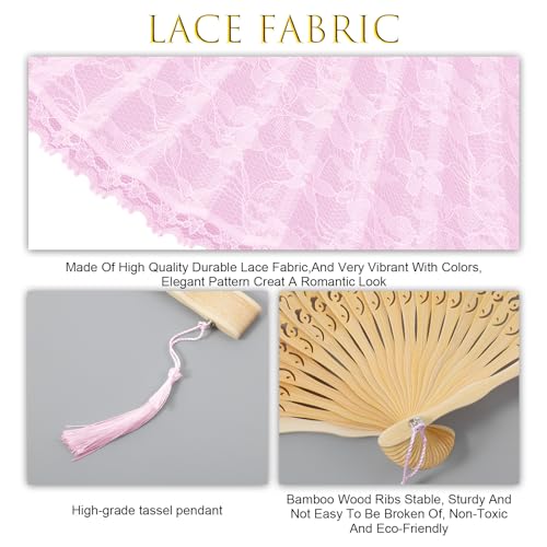 1 Pcs Folding Hand Fan, Pink Lace Vintage Retro Fabric Hand Held Chines/Spanish Foldable Fans for Men/Women Wedding Party Favor Performance Dance Home Decorations Festival Gift