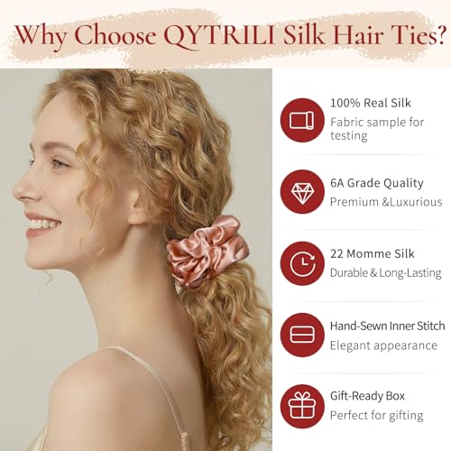 Silk Scrunchie 1.4" Medium Wide 6A 22 Momme 100% Mulberry Silk Hair Ties,Gentle on Hair No Damage No Crease for Women Girls Curly Thick Wavy Hair,Sample Fabric Provided (1, Brown) - color: Brown