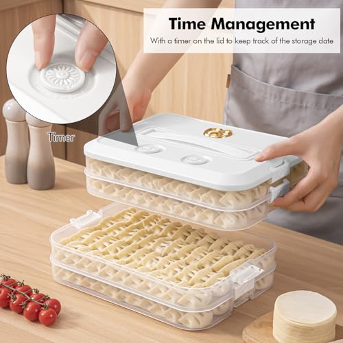 4 Layer Dumpling Box, Food Storage Containers with Lid and Handle, Stackable Biscuit Storage Box for Kitchen and Fridge (White Lid)