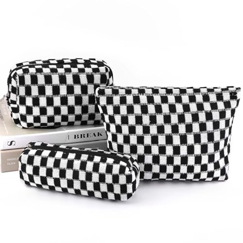 EIMMBD Makeup Bag 3 Pieces Large Capacity Checkered Cosmetic Bags Travel Toiletry Bag Organizer Cute Makeup Pouch Storage for Women(Black) - color: Black