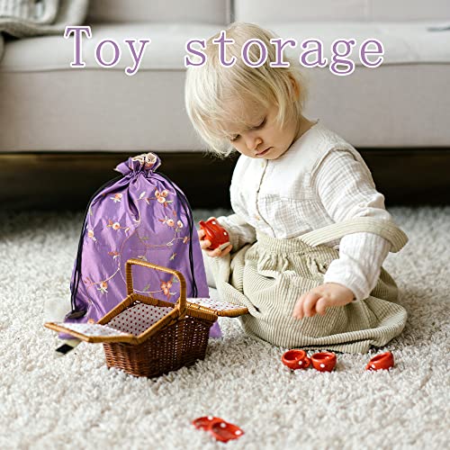 Embroidery Silk Flower Shoe Bag 4Pcs Drawstring Silk Travel Bag Jacquard Underwear Bags Washable Big Sachet Bag Storage Bags for Men Women - color: Black, green, peacock blue, dark violet