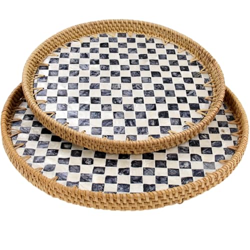 2 Pcs 11.8in & 13.8in Round Rattan Mother of Pearl Inlay Serving Tray