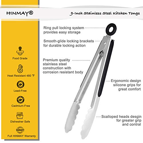 HINMAY Stainless Steel Kitchen Tongs 9-Inch Cooking Tongs, Set of 3 - color: Silver