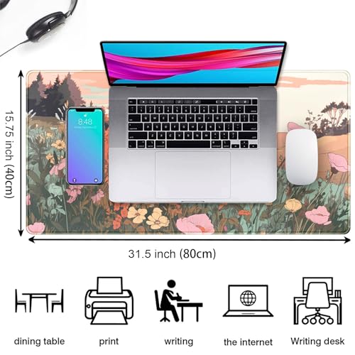 Desk Mouse Pad Large Desk Mat Botanical Flowers Mouse Mat Gaming, Extended Floral Keyboard Pad XXL, Long Desktop Laptop Mat Aesthetic Watercolor Wildflower Office Decor for Women 31.5x15.7 Inch - color: Rolling Field