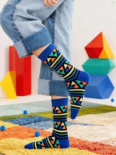 Colorful Funny Novelty Dress Socks for Men Women Teens Fathers Day Casual Fun Crazy Funky Graphic Crew Socks - color: 5 Pairs -Geometric Style3 - Color Block Polka Dot Triangular Patchwork Chevron Patterns Socks, size: 6-12