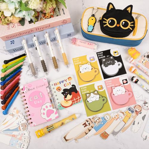 Ulema 60Pcs Cute Cat Stationery Set Birthday Gifts for Boys Girls Back to School and Classroom Rewards Office Supplies with Cat BallPoint Pen, Pencils, Erasers, Sticky Notes etc. - style: cat