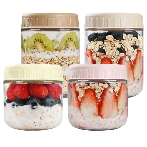 SHOWIN Overnight Oats Containers with Lids, Glass Jars with Lids 4 pcs, Wide Mouth Mason jars for Salad, Yogurt, Snacks, Meal Prep - color: Multicolor, size: 10&16oz-4pc