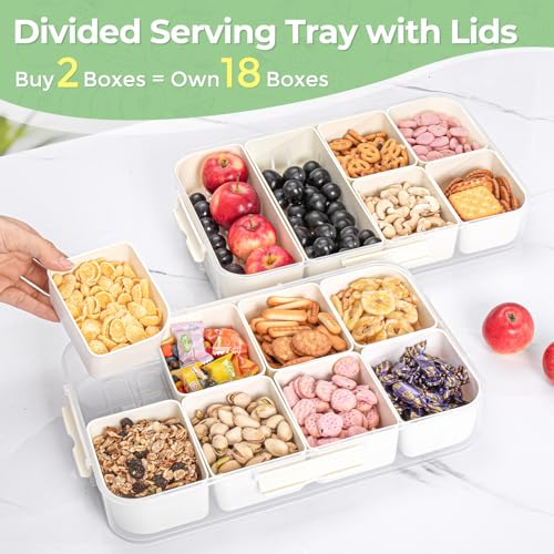 LUXEAR 2Pack 8-Compartment Snackle Box - Airtight Leakproof Divided Food Tray with Lid & Handle, BPA-Free Dishwasher Safe for Picnic, Fridge, Travel, Party, Ideal for Charcuterie & Food Storage - size: 2pack white