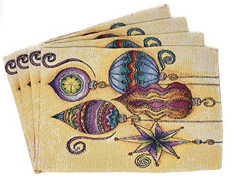 DaDa Bedding Bohemian Ornaments Tapestry Placemats - Set of 4 Festive Christmas Holiday Turkish Star Lights Lanterns - Needle Stitched Cotton Linen Woven Kitchen Dining Table Mats - 13” x 19” (14916) - color: Bohemian Ornaments