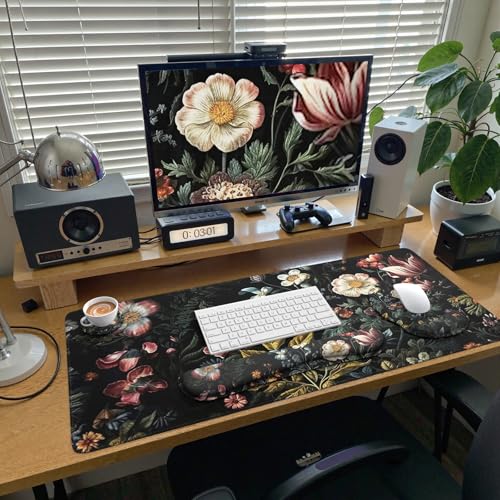 iCasso Desk Cover Mat, 4in1 Floral Large Mouse Pad with Wrist Rest - color: Elegant-Flowers