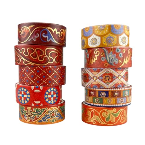Chinoiserie Gold Foil Washi Tape Set 10 Rolls (Ancient Red) - color: Ancient Red
