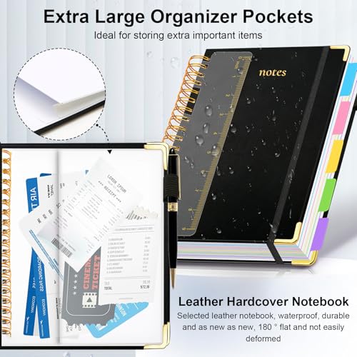 Hardcover Spiral Notebook 6.2"x 8.2" Journal Notebook with Tabs and Removable Dividers 300 Pages 5 Subject Notebook College Ruled, Faux Leather Spiral Bound Notebook for Women School Work (Black) - color: Black, size: 6.2"x8.2"(A5)