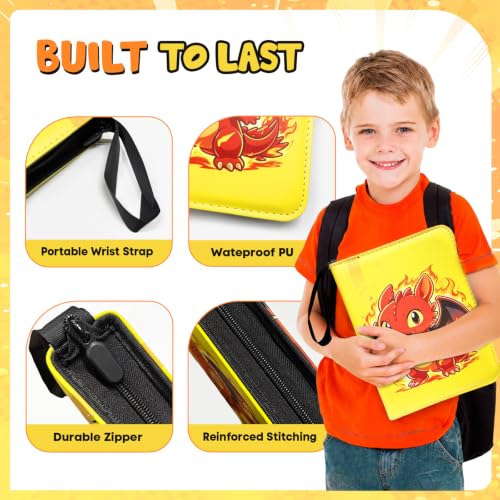 400 Cards Capacity Trading Card Binder, Card Holder with 50 Removable Sleeves, Double Sided 8-Pocket Pages Zipper Album with Wrist Strap for TCG, Sports & Game Cards, Gift for Boys and Girls - color: Red Yellow
