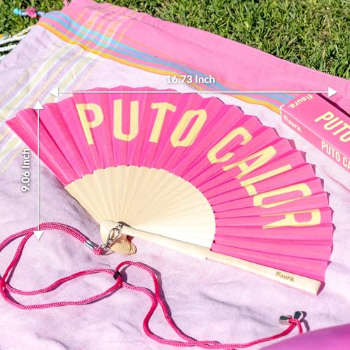 Fisura – Original Folding Fan with Message “P*to calor”. Pink Wooden Handheld Fan for Women. Lightweight Accessory for Raves, Weddings, Birthdays, Festivals, Parties and Fun Gift Ideas. - color: Calor, Pink