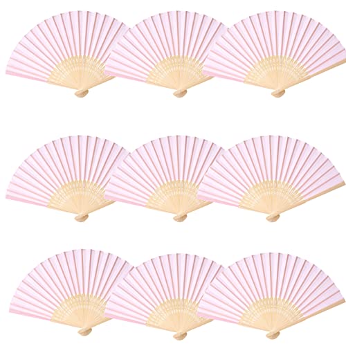 24pcs Imitated Silk Hand Fan Imitated Silk Fabric Bamboo Handheld Folded Fan Bridal Dancing Props Church Wedding Party Favors with Organza Bags (Pink) - color: Pink