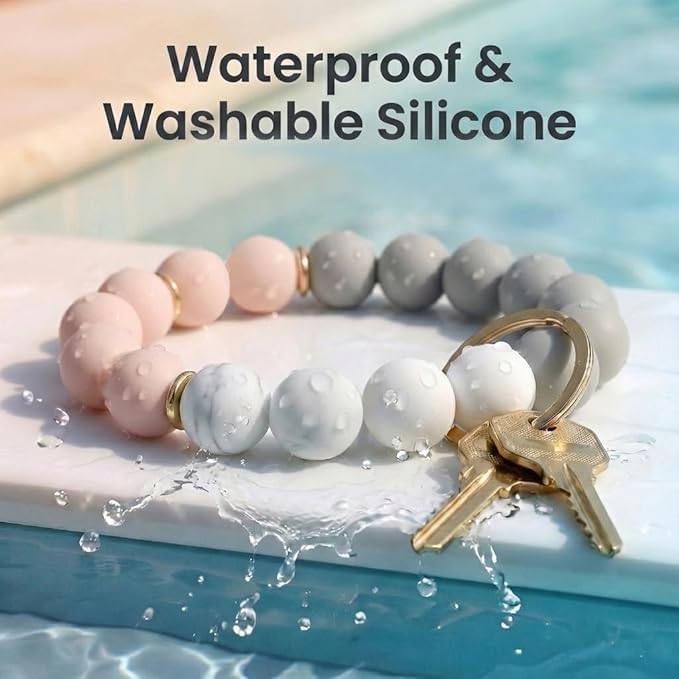 BIHRTC Key Ring Bracelet Car Keychain Holder Wristlet Silicone Women Beaded Bangle Chains - color: Grey Pink
