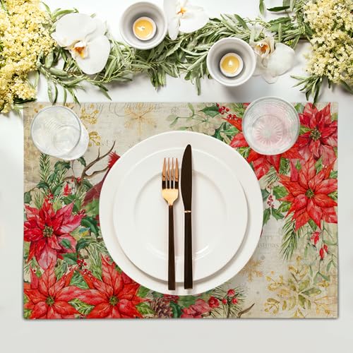 Winter Red Birds Placemats Set of 4 Xmas Holly Berry Pine Cones Place Mat for Kitchen Dining Decor 12 x 18 Inch Watercolor Poinsettias Linen Fabric Table Mats for Home Holiday Seasonal Party - color: Xmas Bird