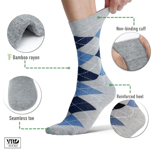 VRD Men's Dress Socks Bamboo Rayon, 5-Pack Crew Socks, Multiple Colors and Designs, Shoe Size 8-13, Gift Box - color: 22: Light Grey, 5-pack Argyle