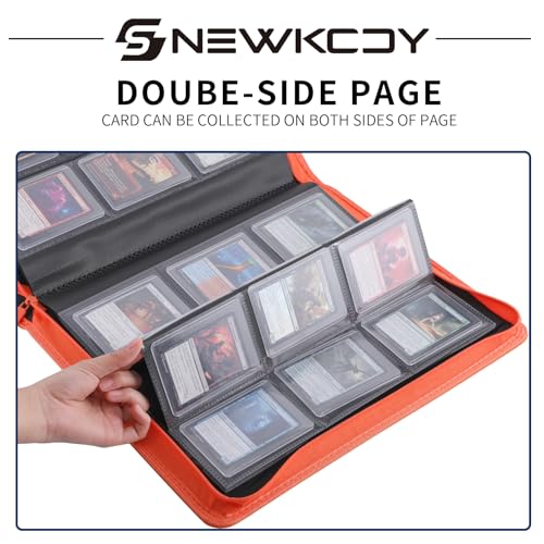 Snekdy Top loader Binder, 9 Pockets Top Loader，Holds 360 Top Loaders cards, Card binder with Sleeves for card in 3 x 4 inches color smooth Zipper PU Leather (Orange) - color: Orange