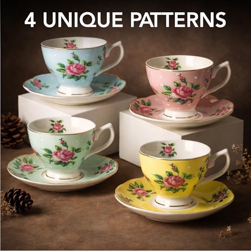 BTaT- Floral Tea Cups and Saucers, Set of 12, 8 oz, Fine Porcelain Teacup Set with Gold Trim for Afternoon Tea, Weddings, Parties & Gifting, Dishwasher Safe, Lightweight, Non-Toxic - color: Multicolor, size: 12 Pack