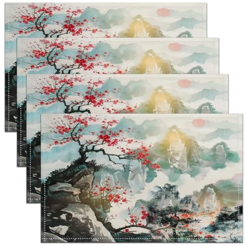 Feelyou Japanese Style Placemats Set Set of 4 18"x12" - color: Pink Teal