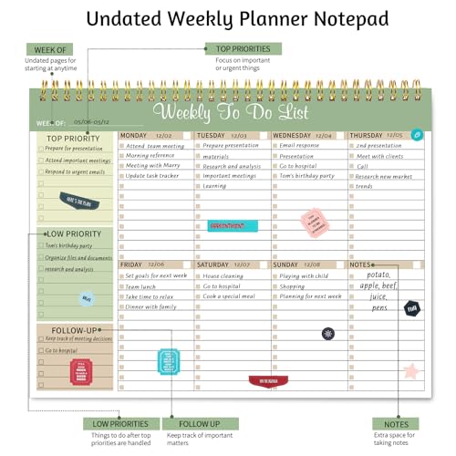 Thboxes Weekly To Do List Notepad, 8.5"x11" Desk Planner 52 Sheets, Green - color: Light Green Weekly To Do List