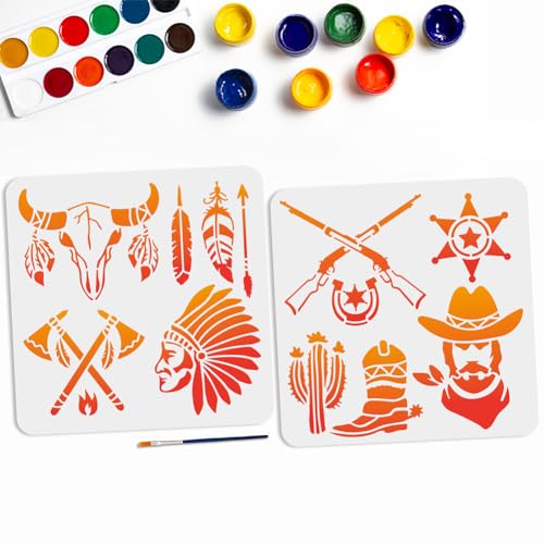 MAYJOYDIY 2pcs Western Cowboy Tribal Stencils 11.8×11.8inch Large Cowboy Boots Hat Cow Skull Stencils with Paint Brush Square Cowboy Theme Drawing Template for Wood Canvas Furniture Craft Decor - color: Western Cowboy Tribal
