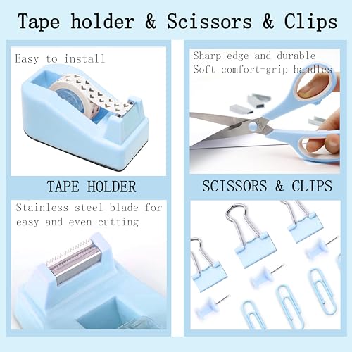 Dimonluce Blue Desk Accessories, Blue Office Supplies Accessories with Tape Dispenser, Stapler, Staple Remover, 1000 Staples, Tape, Clips Set, Ruler, Scissor, Pen - color: Blue
