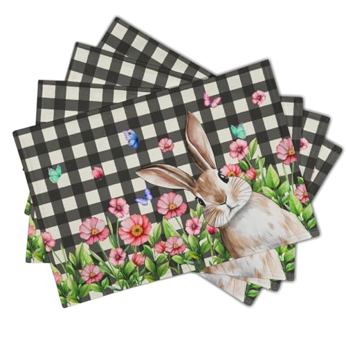 Buffalo Plaid Bunny Placemat Set of 4 12 x 18 Inch Pink Flowers Butterfly Farmhouse Linen Fabric Table Mats Outdoor Spring Seasonal for Party Kitchen Dining - color: Easter Bunny