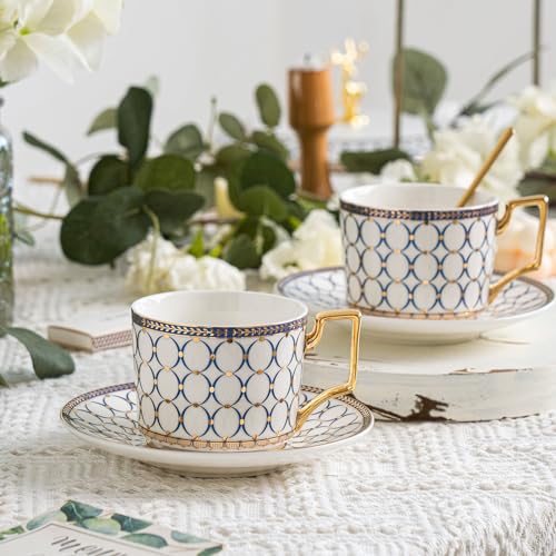 4Pcs White Gold Bone China 7oz Cup Saucer, British Coffee Tea set - color: White Gold