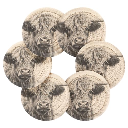 Vintage Highland Cow Drink Coasters Set - 6 Pcs Minimalist Woven Coasters with Holder for Home Decor, 3.94 Inch Absorbent Coasters for Drinks - color: A04