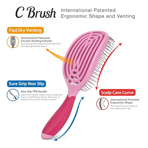 NuWay® C Brush® Patented Scalp Care Hair Brush – Ergonomic Curve Design for Gentle Scalp Massage, Blow-Dry Styling & Wet or Dry Hair (Pink Petal) - color: Pink Petal