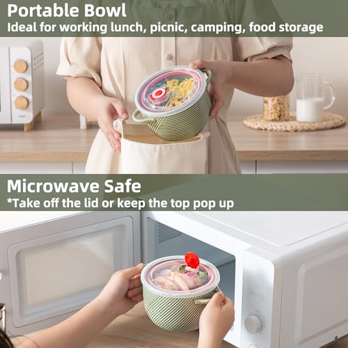 Ceramic Soup Bowl with Lid & Handle, Microwave Safe 32 oz, Green - color: Green, size: 2 pcs