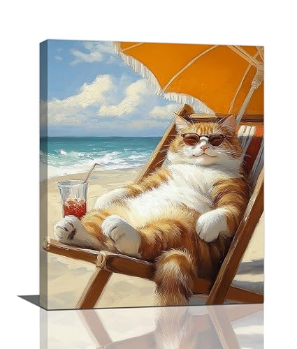 Funny Cat Beach Wall Art Cute Cat Ocean Canvas Wall Decor Coastal Kitten Pictures Paintings Prints Seaside Artwork Framed Seascape Decorations For Bathroom Bedroom Living Room Office Gifts 16" x 20" - color: Beach Cat, size: 20"L x 16"W