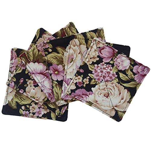 CUSHYSTORE Canvas 2 Layers Coasters Saucers Absorbant Mat Pad Floral Botanical Style Fabric Quilted for Glass Cup Drinking 4", 6 Pack (Night Rose Garden) - color: Night Rose Garden